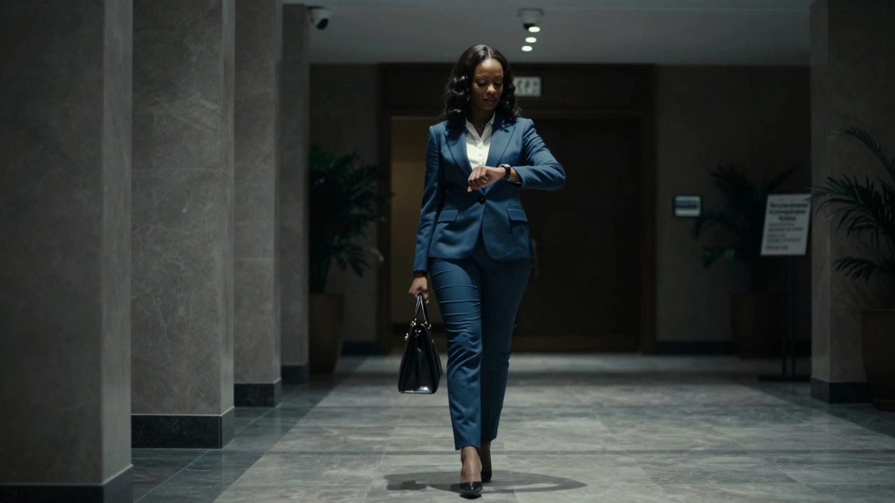 An African woman walking confidently through a Dubai hotel lobby at night.