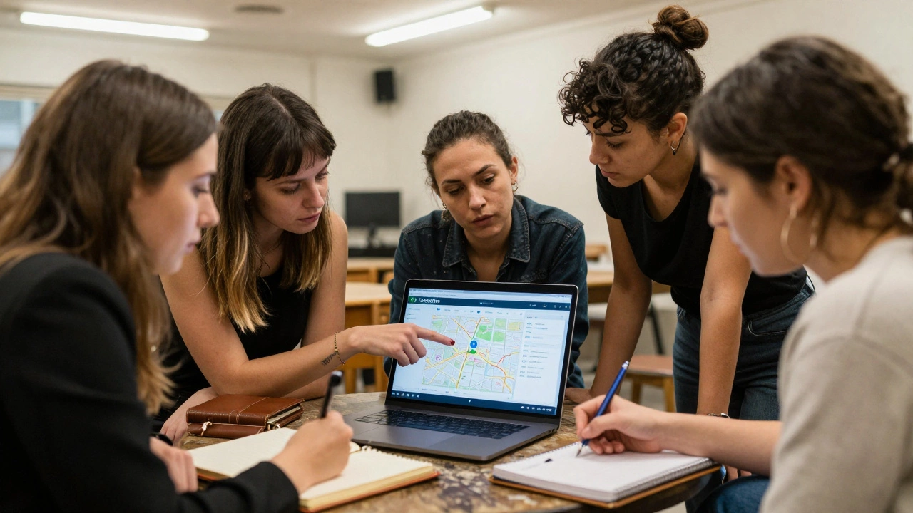 Five sex workers gather around a laptop in a community center, reviewing a safety app together.