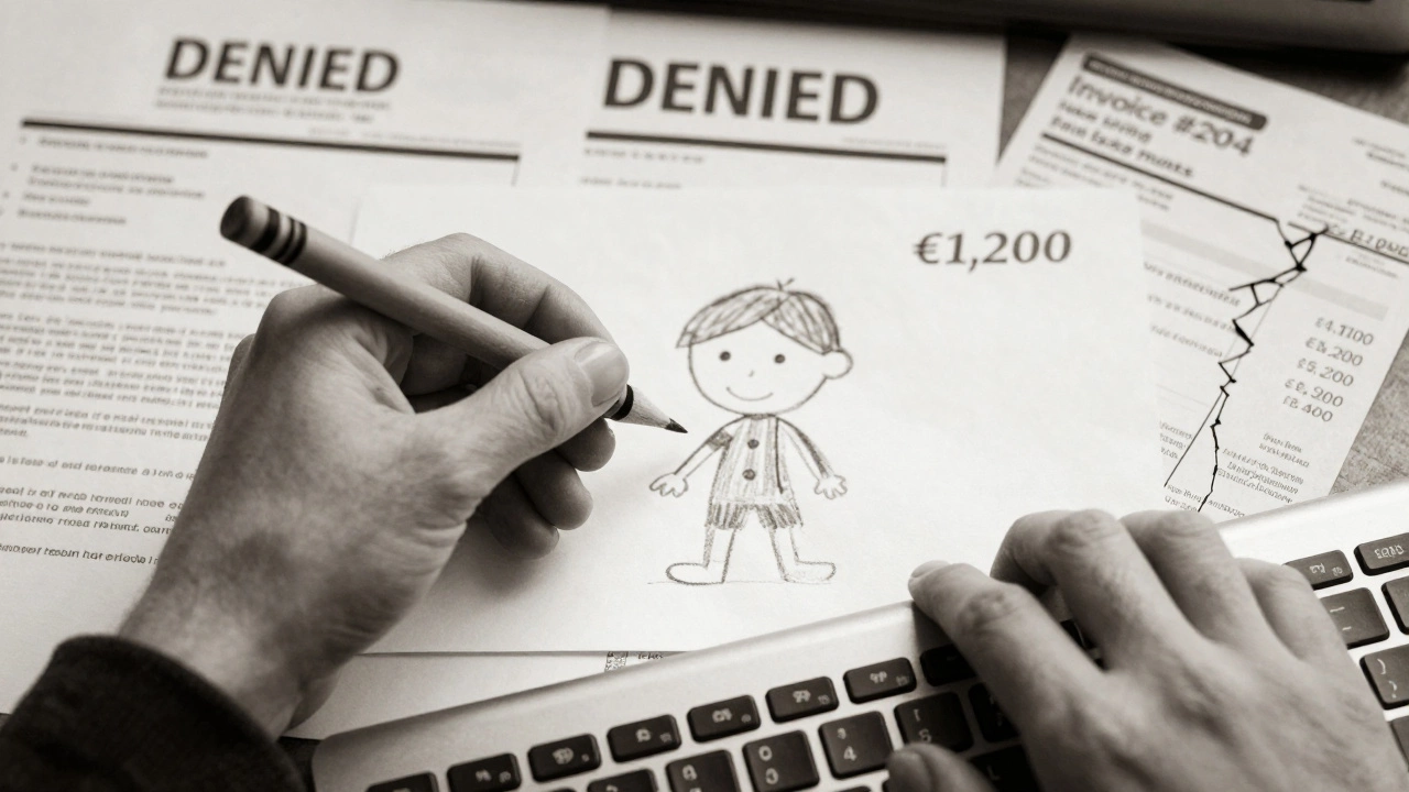 Two hands—one holding a child&#039;s drawing, the other typing an invoice—over faded legal and medical documents.